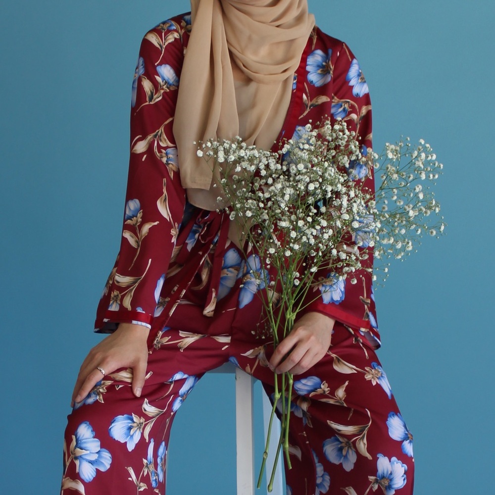 Maroon Floral Pajama midi cardigan and pant set - Picture 3 of 3